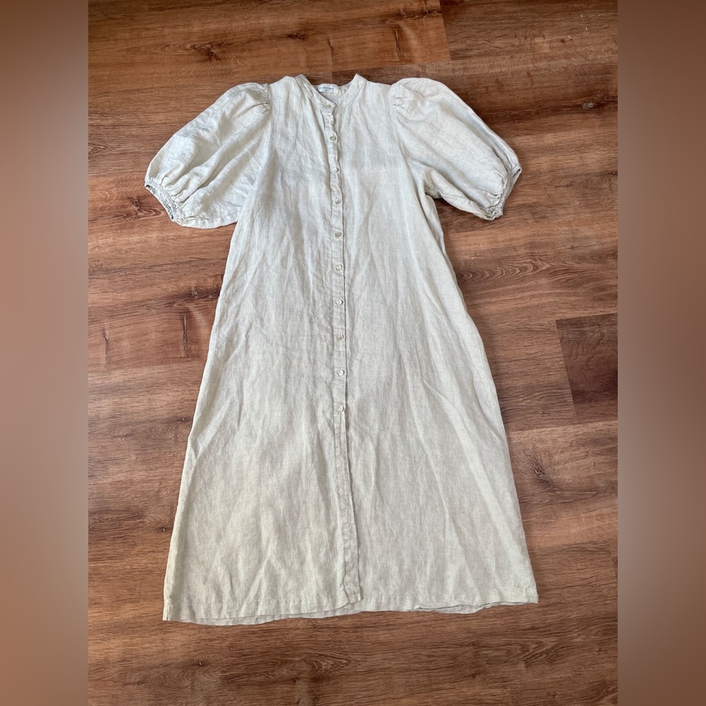 Lanhtropy Bubble Linen dress button down size small natural puff sleeve peasant - Picture 2 of 9